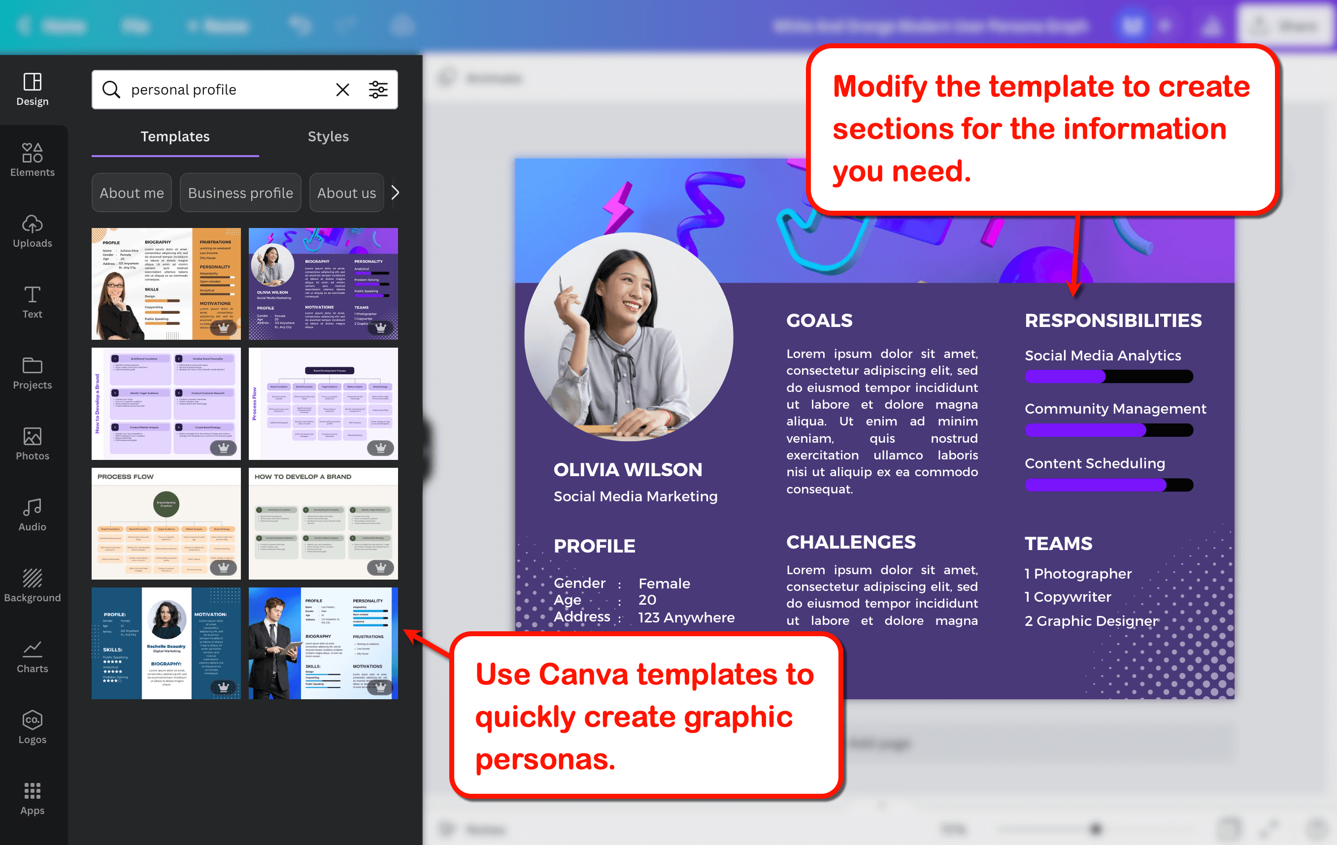 Use Canva tempaltes to create graphic personas.