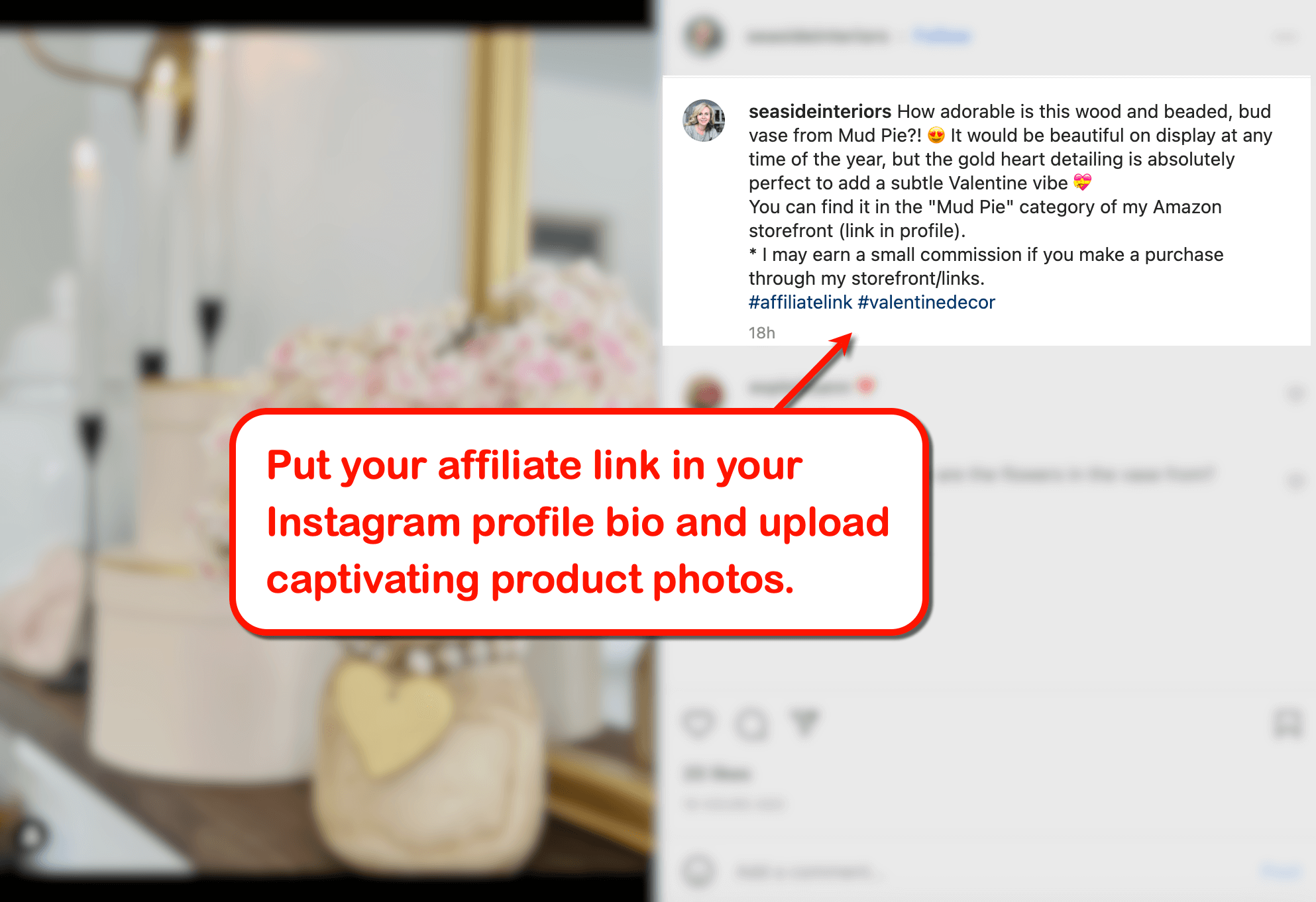 Put affiliate link in your Instagram profile bio.