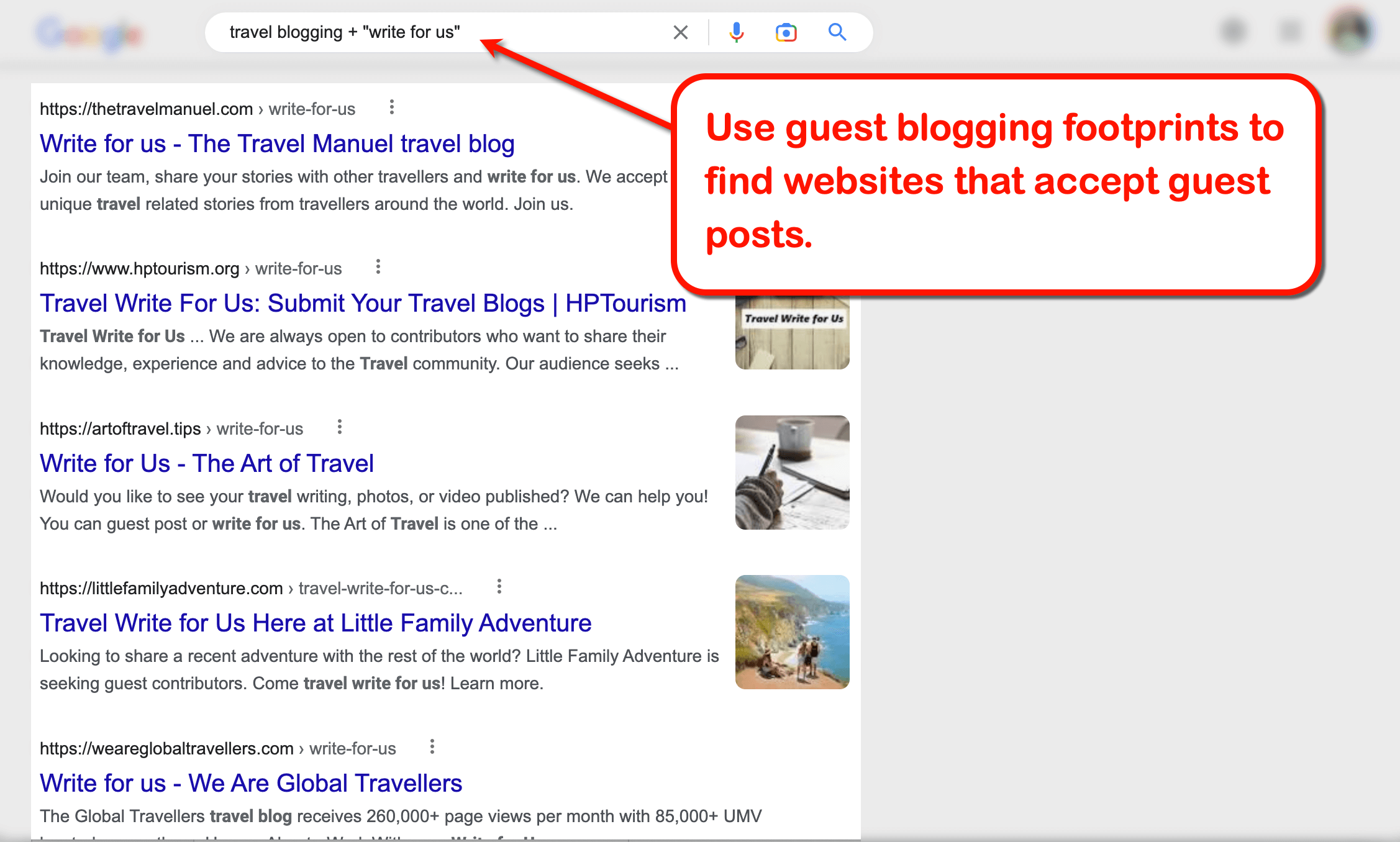 Sample Google search for guest blogging.