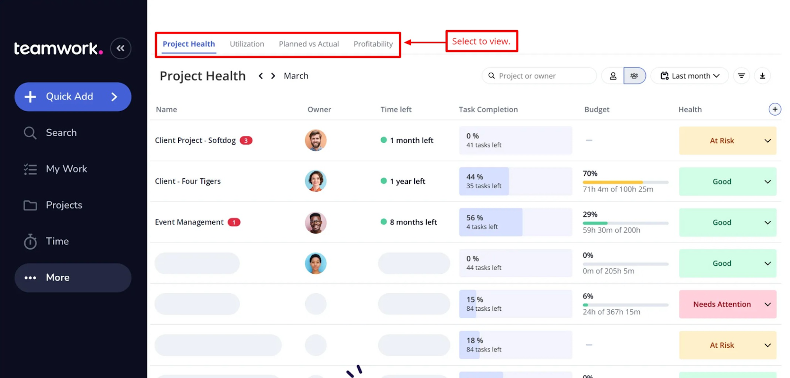 Teamwork project health and profitability dashboard for tracking Instagram contest posts and social media entries efficiently.